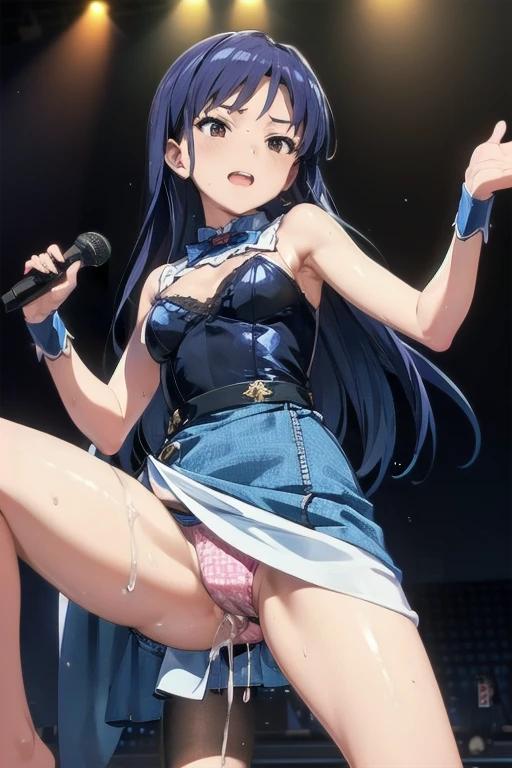 nsfw,(super fine illustration,8K CG wallpaper,best quality,extremely detailed,ultra high res,best aesthetic),(cowboy shot,from front),1girl ,idolmaster, {{{chihaya kisarahi}}}, (30yo,beautiful girl),(((beautiful black eyes))),(((beautiful deep blue hair))), ((((long straight hair)))),(wet skin),(scatter sweat),(steam),((flat chests,very small breasts)),((((slender and tall)))),((on stage)),(((blue idol dress))),(((see-through))),((spread legs)),(((straddling))),((spread pussy:1.3)), (pubic deep blue hair:1.4), ((on stage)), ((((spread legs)))),((spread pussy:1.3)),(open mouths), ((stick out tongue)),(feel good), ((one eye closed)),((singing)),(((hold the microphone with your right hand))),(((bring your right hand in front of your pussy))),(bukkake, cum on body:1.3),((sex,back hag)),ecstacy,ahegao,