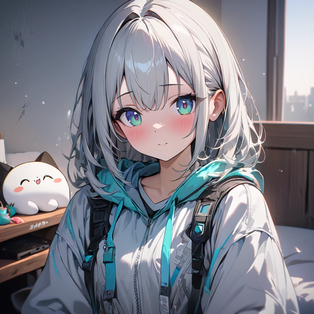 (1 girl),masterpiece, best quality, high quality, detailed, ultra detailed, hyper detailed, FHD, Full-HD, 4K, 8K, 16K, highres, absurdres, background photo, white background, in the room, kawaii, cute, UwU, beautiful, hazy atmosphere, upper body, from front, front view, [light silver and light azure, light yellow and light emerald, silver and azure, (light yellow and light silver), (light white and light silver),hair] Solo focus