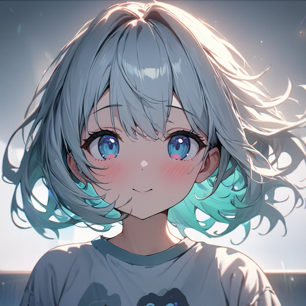 (1 girl),masterpiece, best quality, high quality, detailed, ultra detailed, hyper detailed, FHD, Full-HD, 4K, 8K, 16K, highres, absurdres, background photo, white background, in the room, kawaii, cute, UwU, beautiful, hazy atmosphere, upper body, from front, front view, [light silver and light azure, light yellow and light emerald, silver and azure, (light yellow and light silver), (light white and light silver),hair] Solo focus