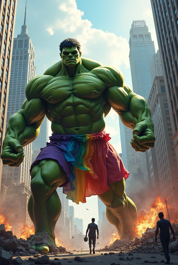 Hulk in rainbow color with a skirt destroying a big city