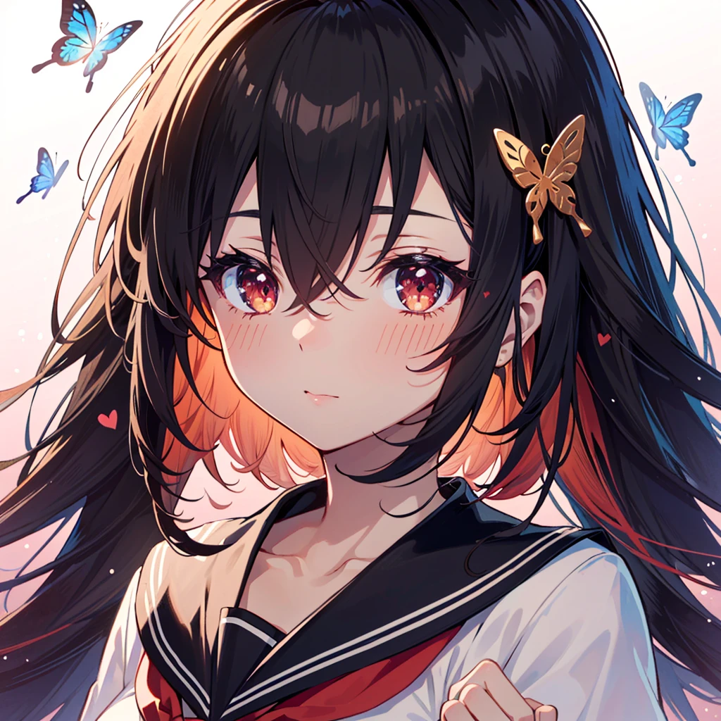 an anime character with red hair and red eyes is holding a red heart in her right hand, 1girl, bug, red eyes, butterfly, solo, black hair, long hair, school uniform, neckerchief, looking at viewer, upper body, serafuku, hair ornament, sailor collar, red neckerchief, black sailor collar, hair between eyes , (best quality, masterpiece, ultra-detailed, illustration:1.2),(8K wallpaper),(beautiful detailed eyes:1.2), beautiful, amazing, detailed eyes, (detailed skin),Pastel color