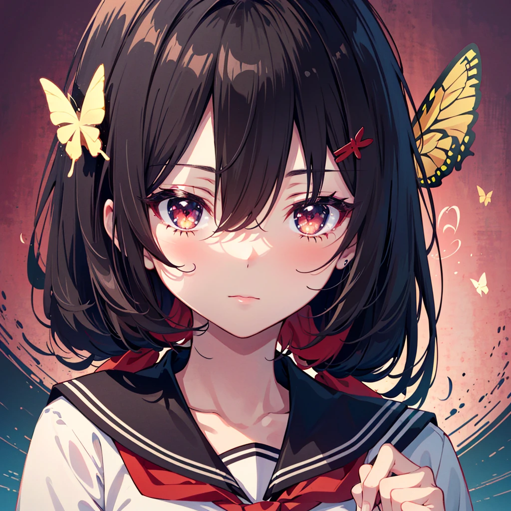 an anime character with red hair and red eyes is holding a red heart in her right hand, 1girl, bug, red eyes, butterfly, solo, black hair, long hair, school uniform, neckerchief, looking at viewer, upper body, serafuku, hair ornament, sailor collar, red neckerchief, black sailor collar, hair between eyes , (best quality, masterpiece, ultra-detailed, illustration:1.2),(8K wallpaper),(beautiful detailed eyes:1.2), beautiful, amazing, detailed eyes, (detailed skin),Pastel color