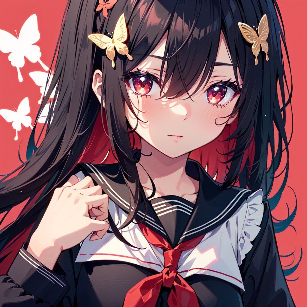 an anime character with red hair and red eyes is holding a red heart in her right hand, 1girl, bug, red eyes, butterfly, solo, black hair, long hair, school uniform, neckerchief, looking at viewer, upper body, serafuku, hair ornament, sailor collar, red neckerchief, black sailor collar, hair between eyes , (best quality, masterpiece, ultra-detailed, illustration:1.2),(8K wallpaper),(beautiful detailed eyes:1.2), beautiful, amazing, detailed eyes, (detailed skin),Pastel color