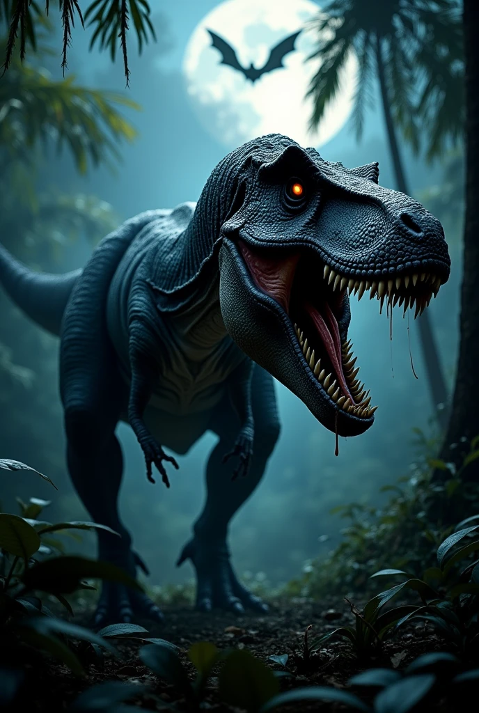 frightful Tiranossauro Rex com listras negra na floresta africana de noite. Bats flying. Terror. frightful. fear.