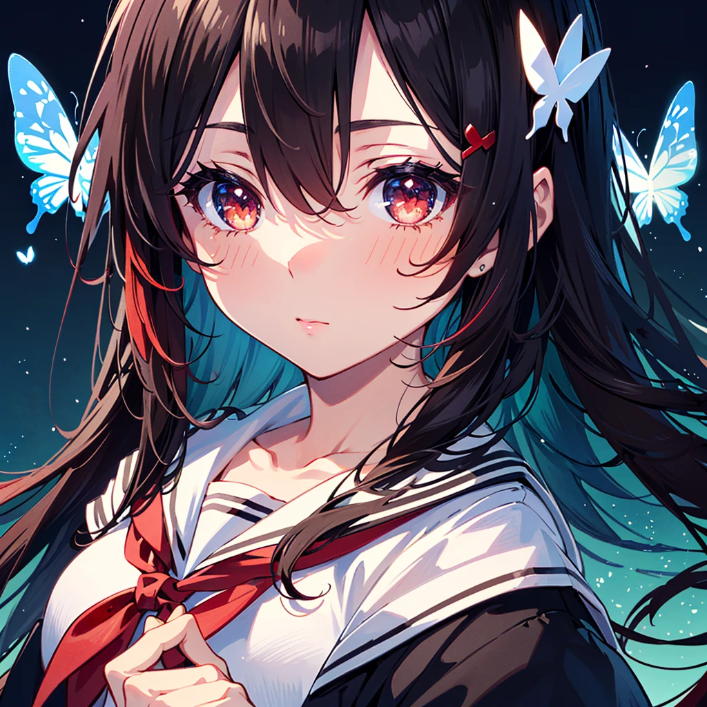 an anime character with red hair and red eyes is holding a red heart in her right hand, 1girl, bug, red eyes, butterfly, solo, black hair, long hair, school uniform, neckerchief, looking at viewer, upper body, serafuku, hair ornament, sailor collar, red neckerchief, black sailor collar, hair between eyes , (best quality, masterpiece, ultra-detailed, illustration:1.2),(8K wallpaper),(beautiful detailed eyes:1.2), beautiful, amazing, detailed eyes, (detailed skin),Pastel color
