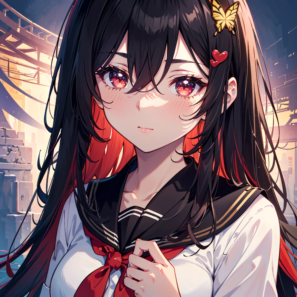 an anime character with red hair and red eyes is holding a red heart in her right hand, 1girl, bug, red eyes, butterfly, solo, black hair, long hair, school uniform, neckerchief, looking at viewer, upper body, serafuku, hair ornament, sailor collar, red neckerchief, black sailor collar, hair between eyes , (best quality, masterpiece, ultra-detailed, illustration:1.2),(8K wallpaper),(beautiful detailed eyes:1.2), beautiful, amazing, detailed eyes, (detailed skin),Pastel color