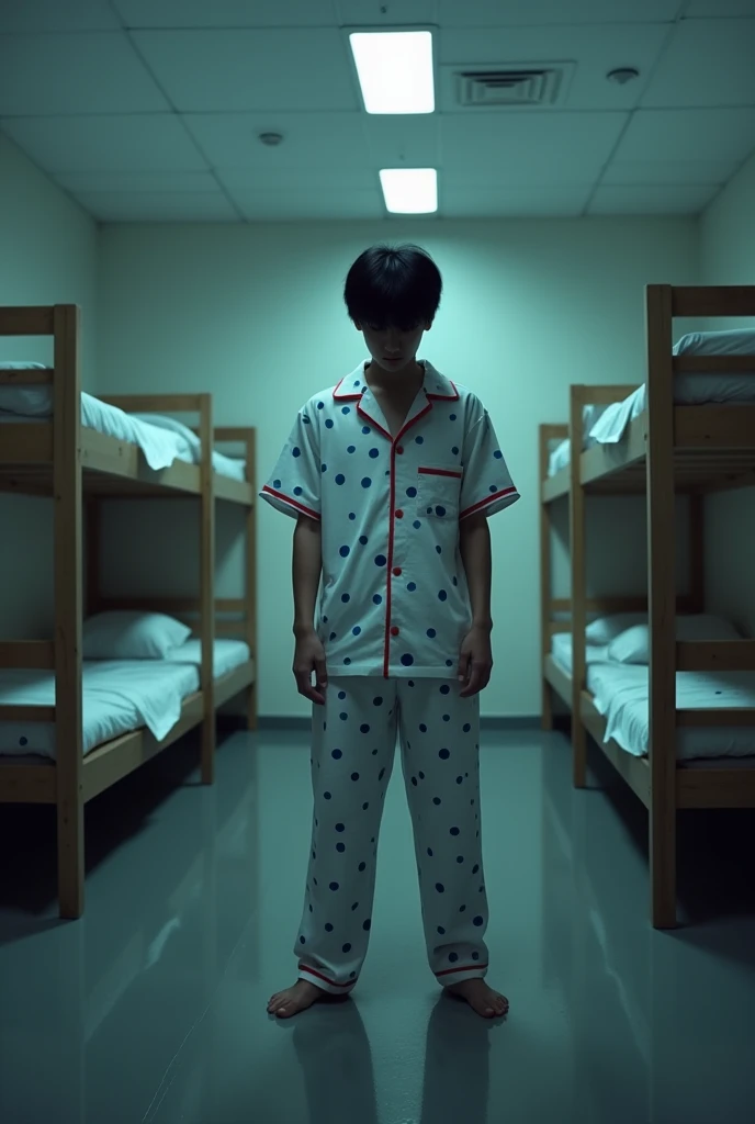 Dormitory bedroom with bunk beds, white walls, creepy atmosphere, in the middle of the night, no people, creepy and eerie image, there is a 1 Thai man wearing white pajamas with blue polka dots and red trim, black hair, comma hair style, standing in the room, head down, face not visible.
