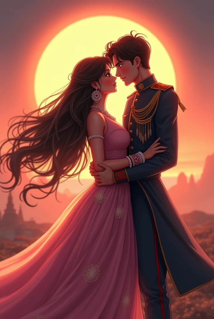 A beautiful princess with dark brown hair and black eyes wearing a aesthetic pink gown with a handsome indian soldier romantic moment anime style. Solar eclipse in background aesthetic picture