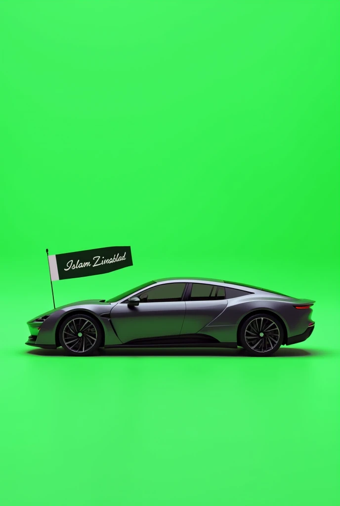 "A beautifully designed car positioned straight, at a perfect 0-degree angle, on a green screen background. The car is sleek and elegant, with modern lines. Attached to the back of the car is a plain flag that waves gently, displaying the words 'Islam Zindabad' in bold, clear script. The image is clean and precise, with the green screen allowing for easy customization or editing."