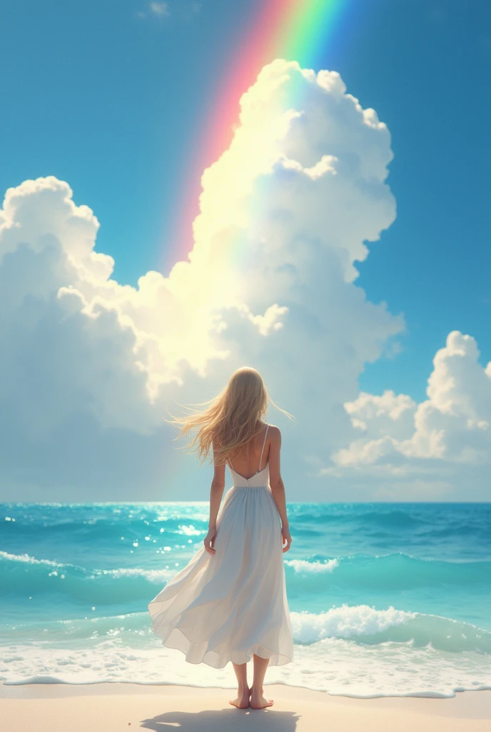 beach、Blonde beauty、Back view、Gazing at the rainbow in the clouds