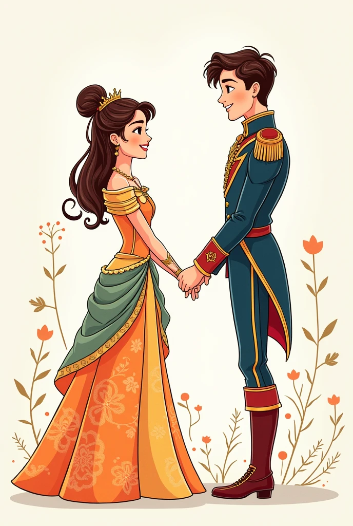 Vector drawing of a girl wearing a princess dress holding a prince's hand and looking forward and showing their full bodies in the picture. Colorful line art drawing. Vector drawing.