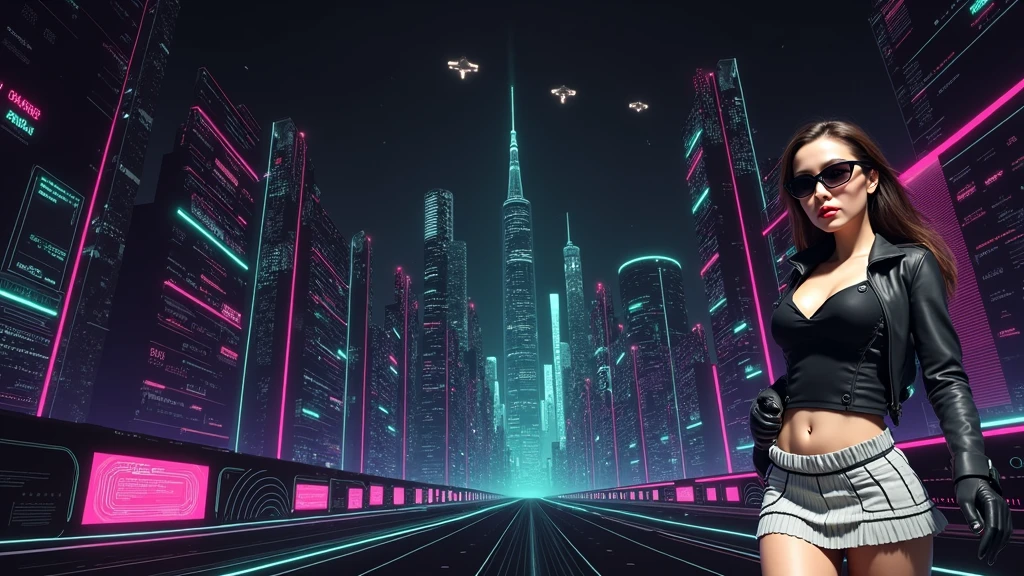 Matrix inspired futuristic cityscapes with colorful all-glass outlined towering skyscrapers with lightning, flying vehicle. High-resolution OLED GUI interfaces in the building, The windows are filled with transparent data visualization infographics that show it all, close-up green glowing cascading code. Colors are saturated and vibrant. At night, (1girl, solo, alone), photorealistic, large-breast slim:0.6 body, oval:0.5 face, cleavage:1.1, very low angle view of pleated miniskirt, deep-v, (upskirt), glove, (Matrix style black micro sunglasses), (aiming viewer with a short gun), dynamic running pose, ((half-body thigh level close-up shot)), cinematic lighting, ray tracing, motion blur background.