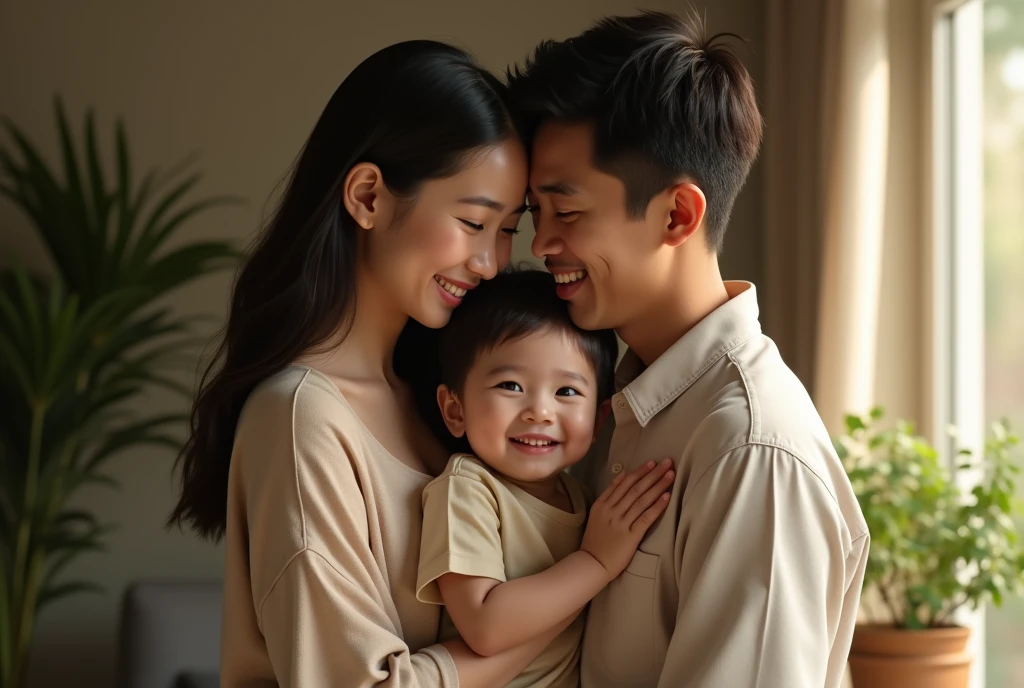 (best quality,4k,8k,highres,masterpiece:1.2),ultra-detailed,(realistic,photorealistic,photo-realistic:1.37),an Indonesian happy family of three, a loving wife and husband embracing their young son, warm cozy home interior, soft natural lighting, tender emotional expression, serene family portrait, delicate details, muted color palette, intimate family moment