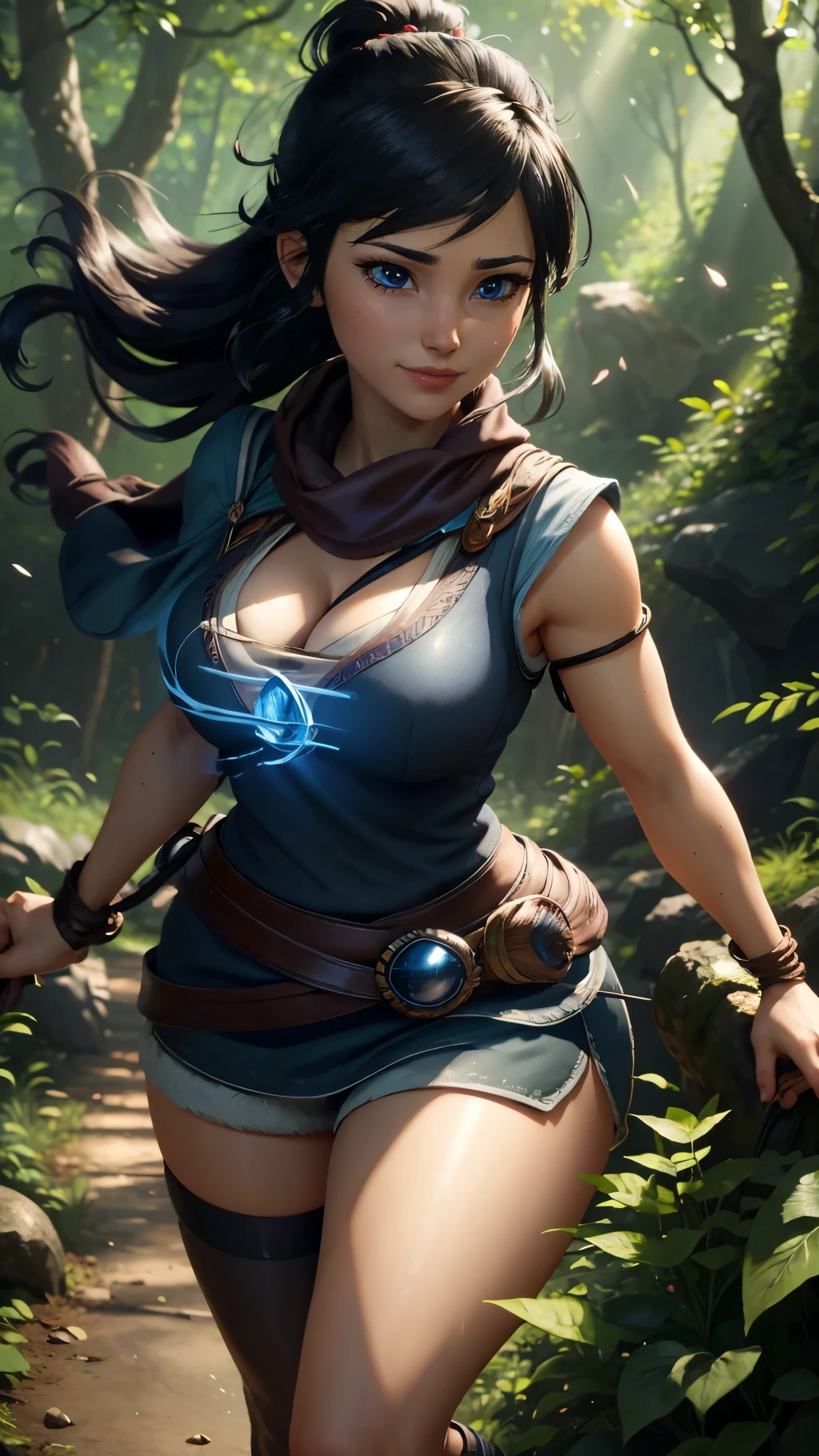 Kena da bridge of spirits,(best qualityer,4K,8k,high resolution,work of art:1.2)(weather: windy), spirit forest background, long hair, micro shorts, thigh high socks, magic scepter, headband,gloves,ultra detailed,realisitic,portraite,beautiful detailed blue eyes,beautiful detailed lips,extremely detailed eye and face, long eyelashes,sexly,average, large breasts, cleavage,flying hair,beaming smile,powerful girl in a forest, walking,stunning curves,bright coloured,dramatic lighting,composition,