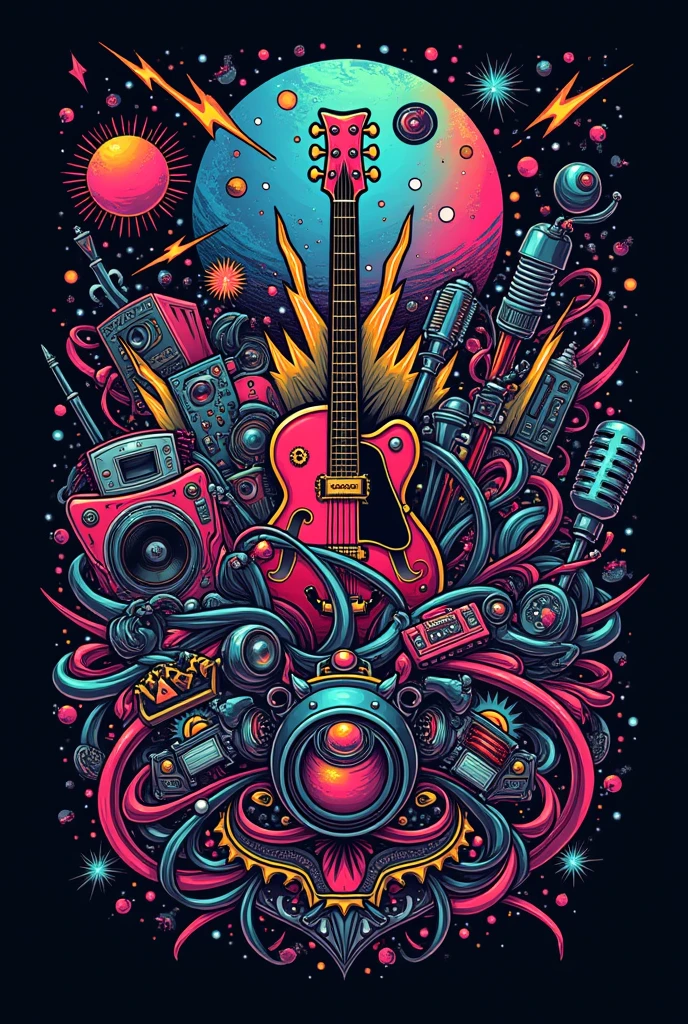 Design an extremely complex and detailed music band logo that captures a fusion of various musical themes and elements. The logo should feature an elaborate combination of musical instruments like electric guitars, bass guitars, drum kits, synthesizers, microphones, and vinyl records, all intertwined with flowing ribbons of musical notes and soundwaves. Include abstract elements like cosmic patterns, lightning bolts, fire, water splashes, and geometric fractals to add layers of visual complexity. The color palette should be vibrant and diverse, incorporating neon colors like hot pink, electric blue, neon green, and bright yellow, contrasted with deep blacks and metallic silvers. The design should be multidimensional, with a 3D effect to give a sense of depth and movement. Include textures such as chrome, glass, and smoke to add a futuristic and edgy feel. The overall style should be bold, avant-garde, and visually overwhelming, with no specific text, focusing solely on its artistic and striking visual components.