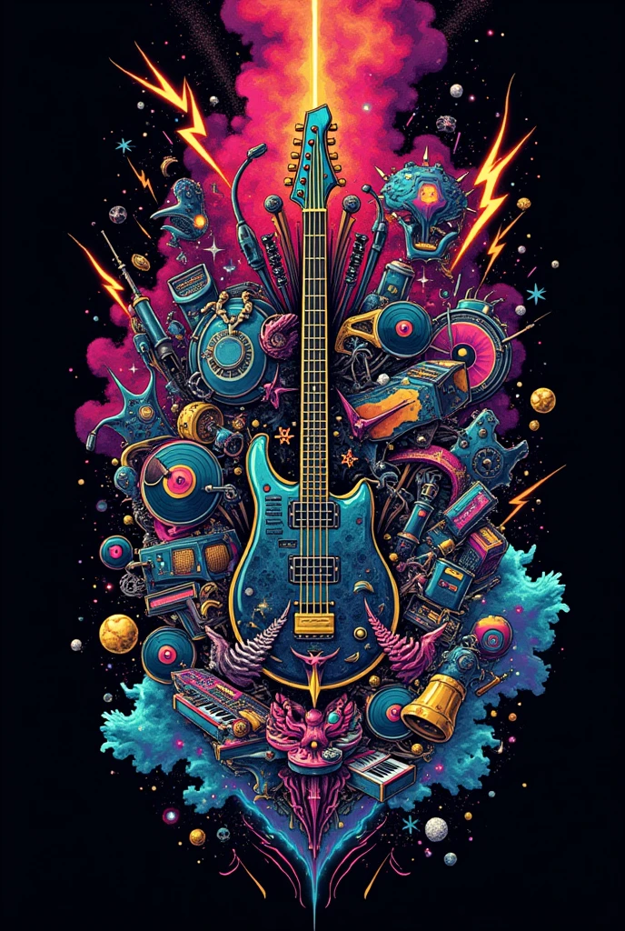 Design an extremely complex and detailed music band logo that captures a fusion of various musical themes and elements. The logo should feature an elaborate combination of musical instruments like electric guitars, bass guitars, drum kits, synthesizers, microphones, and vinyl records, all intertwined with flowing ribbons of musical notes and soundwaves. Include abstract elements like cosmic patterns, lightning bolts, fire, water splashes, and geometric fractals to add layers of visual complexity. The color palette should be vibrant and diverse, incorporating neon colors like hot pink, electric blue, neon green, and bright yellow, contrasted with deep blacks and metallic silvers. The design should be multidimensional, with a 3D effect to give a sense of depth and movement. Include textures such as chrome, glass, and smoke to add a futuristic and edgy feel. The overall style should be bold, avant-garde, and visually overwhelming, with no specific text, focusing solely on its artistic and striking visual components.