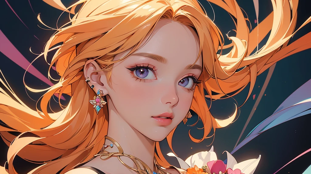 32K, 最高quality, 最高masterpiece, (ultra-Detailed Background, Detailed Background), High resolution, Super detailed, Very detailedな, 1 personの, (bouquet:1.3), (Tangled:1.2), (Geometric:1.2),(colorful),(masterpiece, quality, best quality, Official Art, Beautiful and beautiful:1.2), (1 person:1.3), Very detailed,(colorful:1.1)(Flowers:1.3),Most detailed,(Tangled:1.2), whole body, (Abstract background:1.3), (Skin glows), (Many colors:1.4), ,(Earrings Jewelry:1.5), Pale Orange Background, Gradation, It's imaginative., Flaxen Hair,