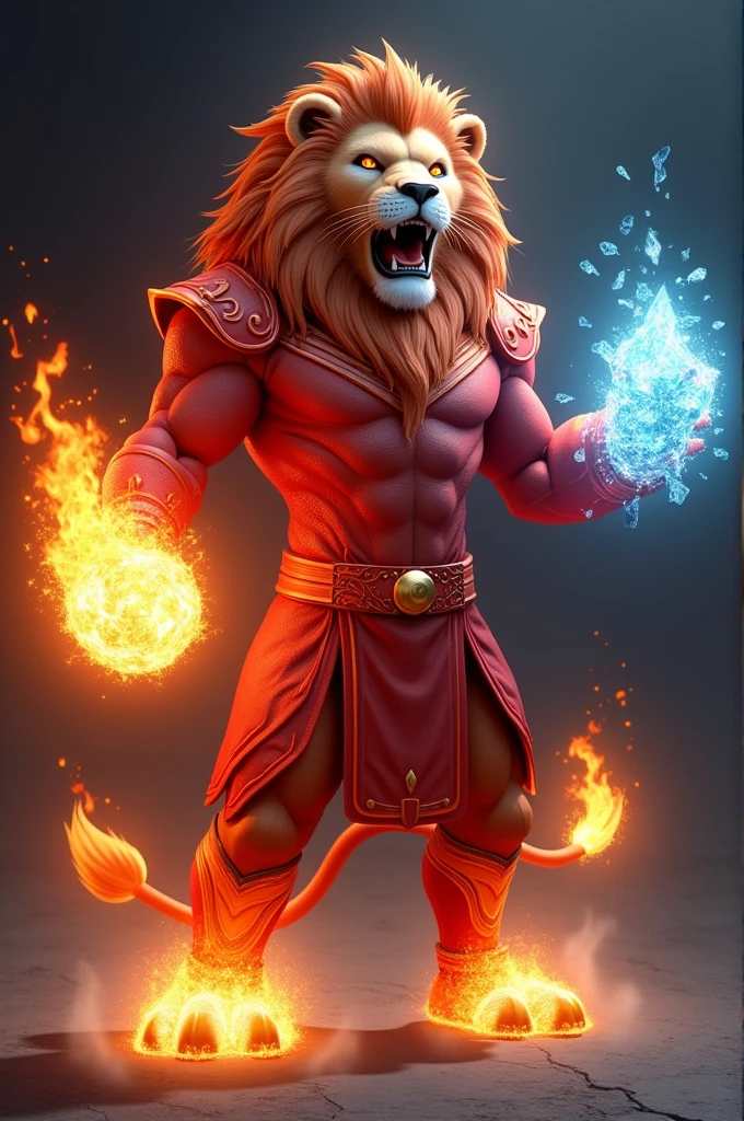 Lion in red hero costume Lion breathing fire from its mouth
One hand is burning and another hand in ice and its tail on fite