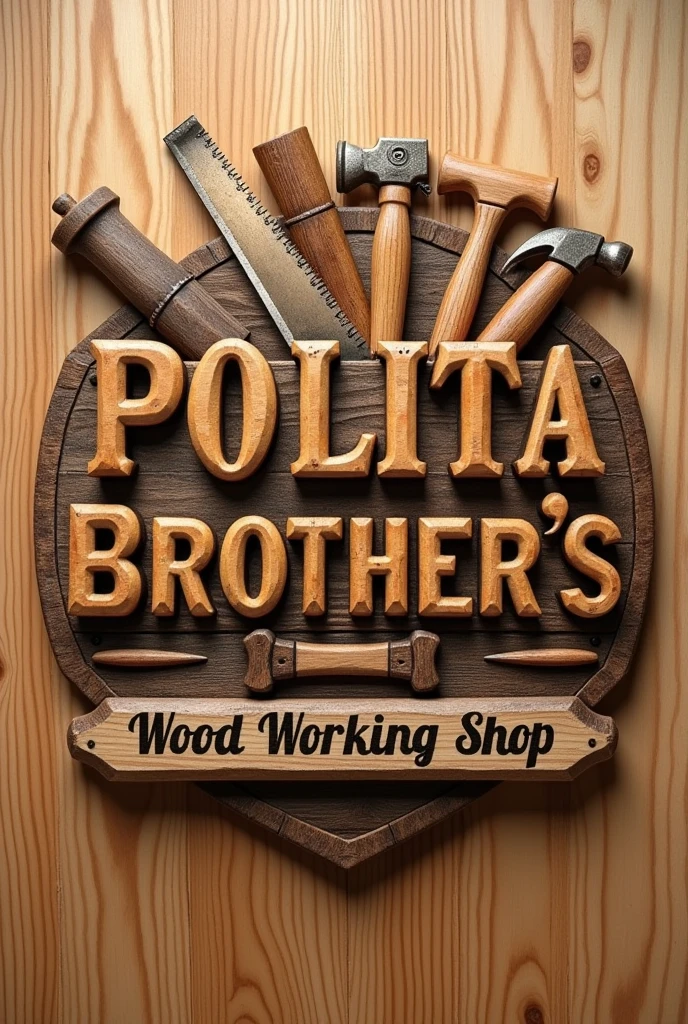 Create a Wood Working Shop logo with the name Polita Brother's written on top. With saw, circular saw, Gavel. All engraved in wood. Na parte inferior escrita a frase Wood Working Shop