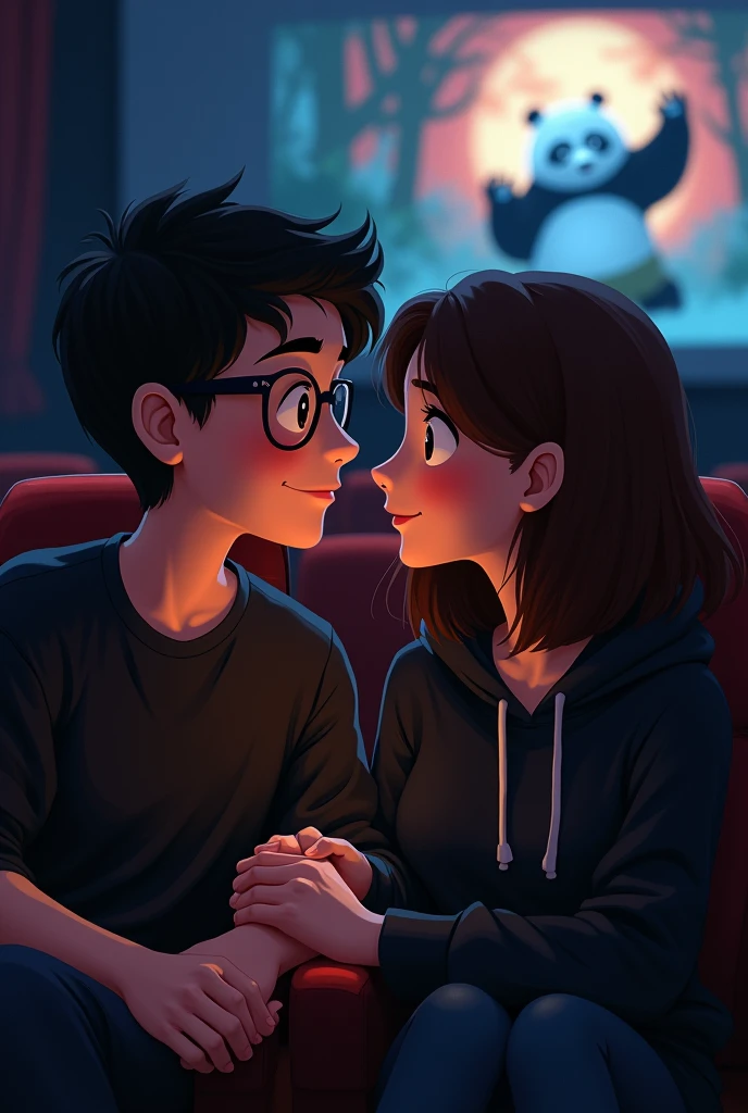 a broad-faced boy, with round lenses, thin lips and a girl together, with brown hair, sitting in a movie theater watching kung fu panda 4, the girl while trying to shake the boy's hand, They are a couple of lovers looking at each other out of the corner of their eyes, the girl without glasses, girl black hoodie and boy black t-shirt
