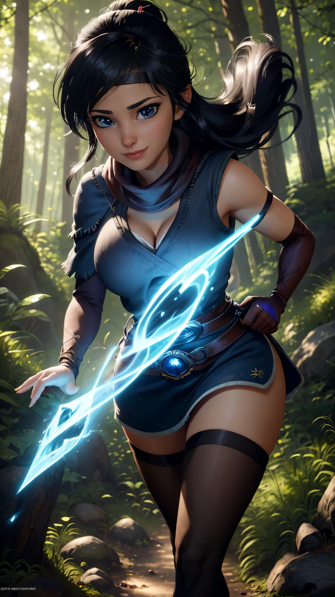 Kena da bridge of spirits,(best qualityer,4K,8k,high resolution,work of art:1.2)(weather: windy), spirit forest background, long hair, micro shorts, pantyhose, magic scepter, headband,gloves,ultra detailed,realisitic,portraite,beautiful detailed blue eyes,beautiful detailed lips,extremely detailed eye and face, long eyelashes,sexly,average, large breasts, cleavage,flying hair,beaming smile,powerful girl in a forest, walking,stunning curves,bright coloured,dramatic lighting,composition,