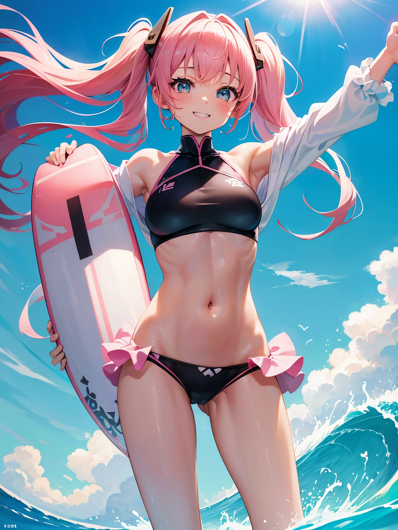 (((anime-style cute face)))、(((20-year-old woman))),(((Light blue twintails))),Highest quality, （（Sharp details））, (8k, RAW Photos, Highest quality, masterpiece), (looking at the camera),((((Cute Smile))))、Very big eyes、anatomically correct body、Big thighs、Muscular woman、The face is bright、Professional Lighting、Cute little 、Emphasis on the chest、（Pink and white long sleeve surf suit、Belly button、、Cute frills）、（black and pink spats）、（Surfing on a surfboard、Surfing waves about as high as your height、Cool surfing posture、very happy face、）Sunny Hawaiian beach、The weather is sunny、The costume fits very well、Lots of sweat
