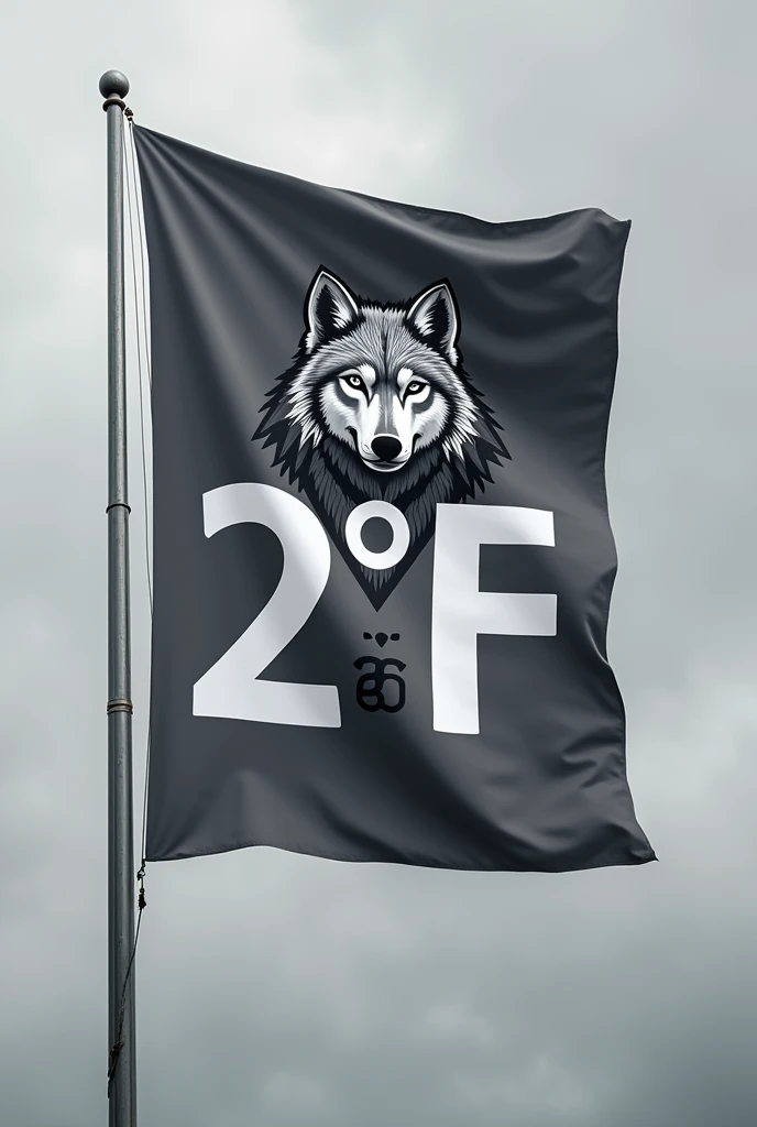 I want you to make a gray banner printed on a flag. Nesse banner cinza, I want it to have the following features or details: cor predominante cinza; A wolf as a mascot; a Christ the Redeemer with open arms; A simple style; and that has been written in bold: "2°F".