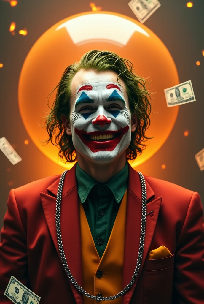 joker wearing silver chain, inside a floating orange bubble, with fire and credit cards in the background of the image