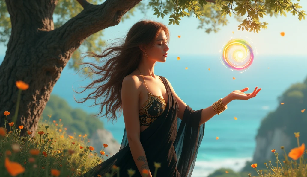 Masterpiece, best quality, (very detailed CG unity 8k wallpaper) (best quality), (best shadows) Nature, blue sea,delicate leaves petals of various colors falling in the air, super detailed , woman 30 years old, arm outstretched, rainbow color Will-o'-the-wisp on his hand . brown hair, short black greek toga with golden laces. gold bracelet, sitting against a tree (Eucalyptus deglupta), bandaged ankle with a little blood,paulina seikola, verunka, sexy hottie, large breast