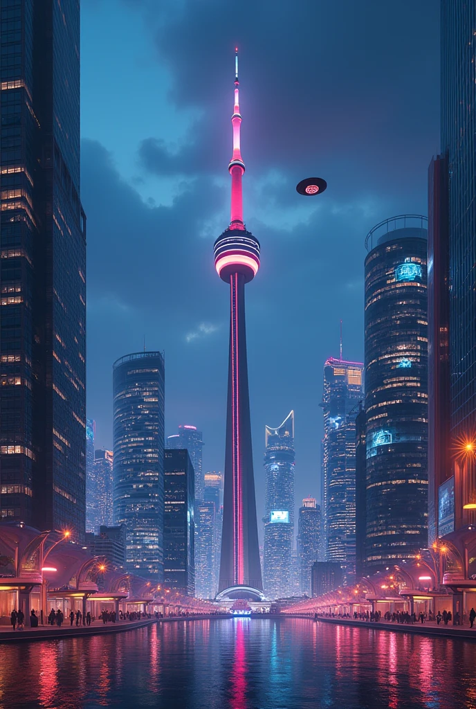 make me toronto in the future in futuristic mode with the cn tower at night