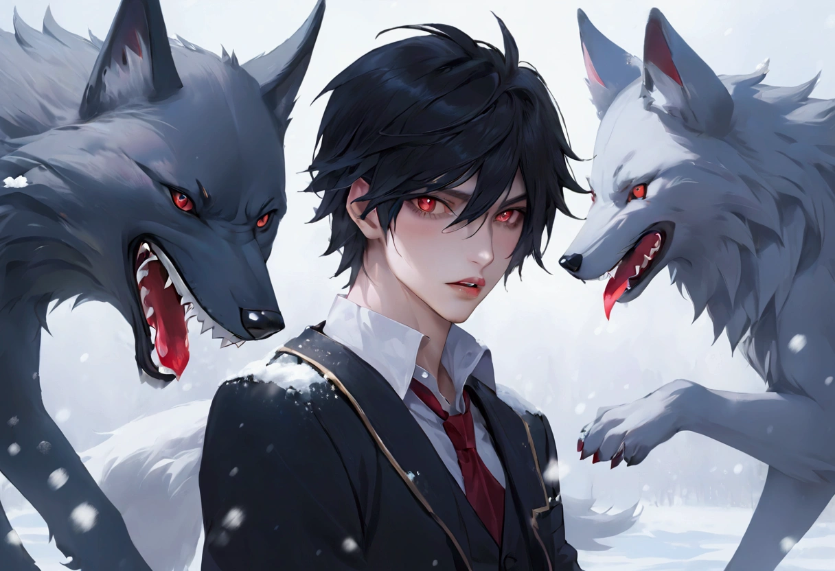 Feminine male, black wolfcut hair, school uniform, classroom, handsome, snow white skin, red eyes, fangs