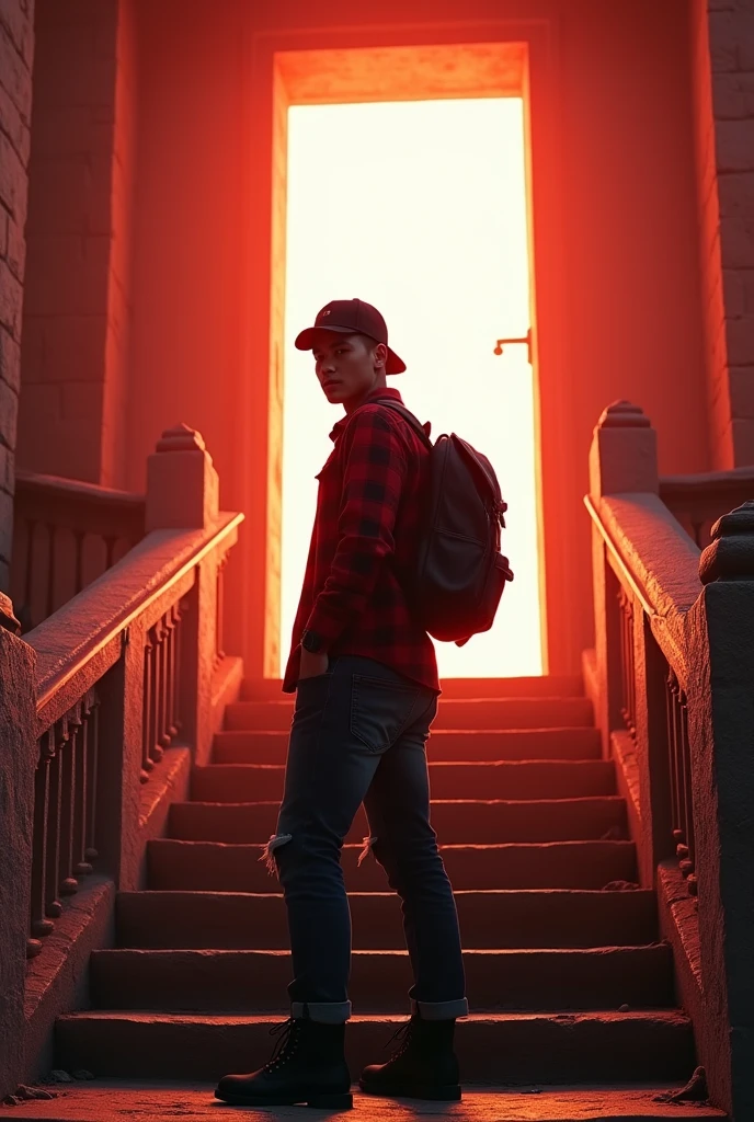 Hyper realistic, depict dramatic scenes with strong color contrasts, especially in shades of red and orange, depicting environments that appear otherworldly. In the middle, there was a white door emitting bright light, with the silhouette of a person standing in the doorway. Face detailed. Look straight ahead. 26yo Indonesian man wearing dark red flannel shirt and dark ripped jeans pants and black hiking hi-shoes with black backward trucker hat, wear dark leather backpack, masculine photoshoot pose, arrogant man expression. On the side of the stairs leading to the door. The setting includes architectural elements such as stairs and railings that have an otherworldly ancient design.