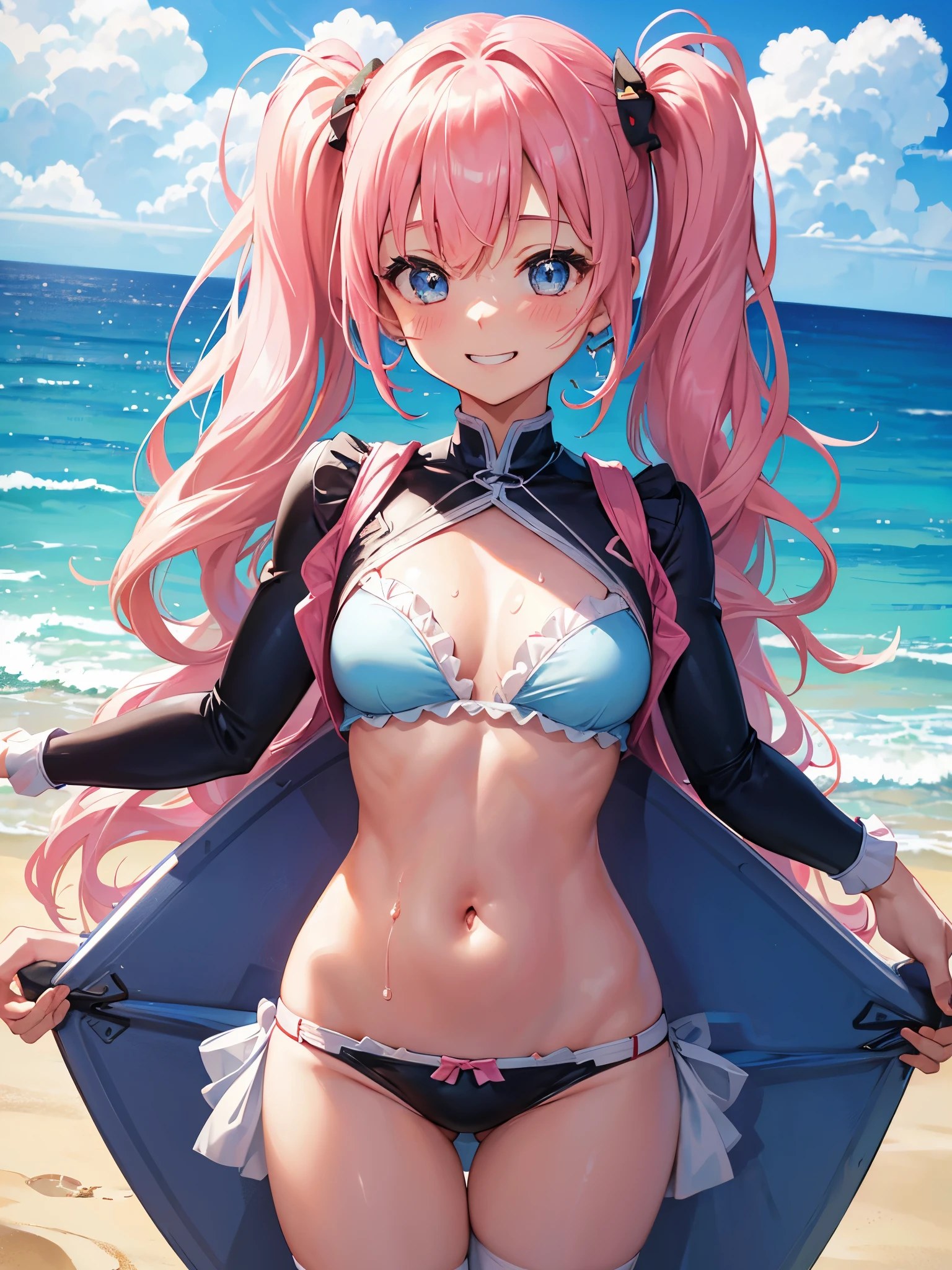 (((anime-style cute face)))、(((20-year-old woman))),(((Light blue twintails))),Highest quality, ((Sharp details)), (8k, RAW Photos, Highest quality, masterpiece), (looking at the camera),((((Cute Smile))))、Very big eyes、anatomically correct body、Big thighs、Muscular woman、The face is bright、Professional Lighting、Cute little breasts、Emphasis on the chest、(Pink and white long sleeve surf suit、Belly button、slit、Cute frills)、(black and pink spats)、(Surfing on a surfboard、Surfing waves about as high as your height、Cool surfing posture、very happy face、)Sunny Hawaiian beach、The weather is sunny、The costume fits very well、Lots of sweat
