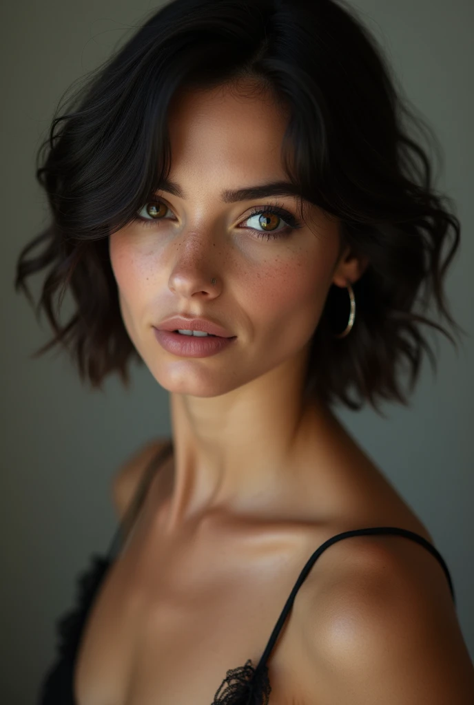 full body, beautiful lady, German American (freckles), brown eyes, short black hair, dark makeup, hyperdetailed photography, soft light, head and shoulders portrait, cover