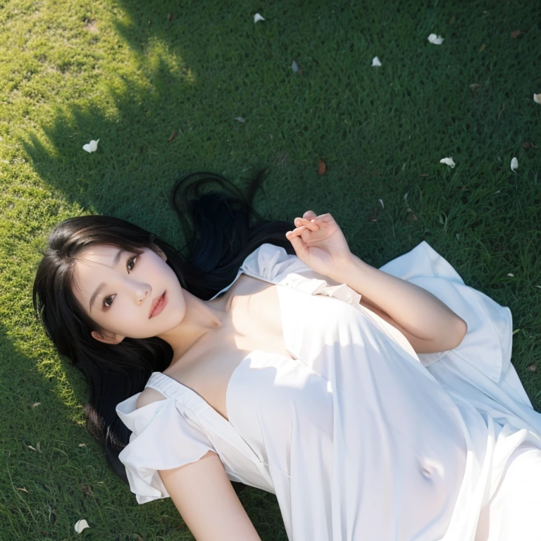 Women of different races: Number of Thai-Japanese people: 1 person figure: Height 159 cm. Proportionate complexion: White face: Cute background: Green grass field, lying on the grass wearing thin white nightgown with a sexy pose, showing the whole body 1 girl, high resolution, long hair, looking at the audience, chest, black hair, smile, chestใหญ่,