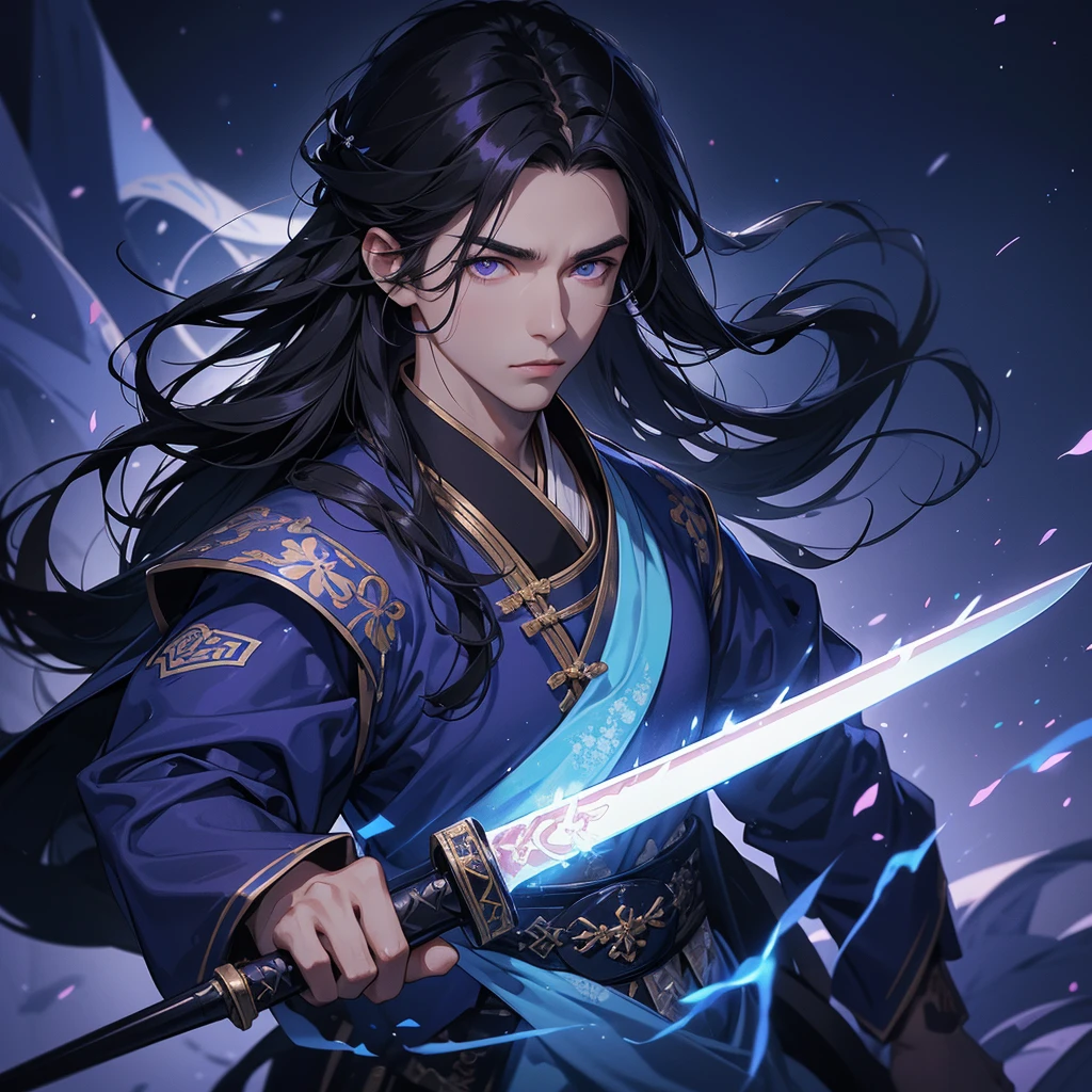 A Handsome black-haired male general holding a large sword in white-blue ancient Chinese general costume, background is a dark moonless night, with dry trees in the background, and purple glowing light, close up.