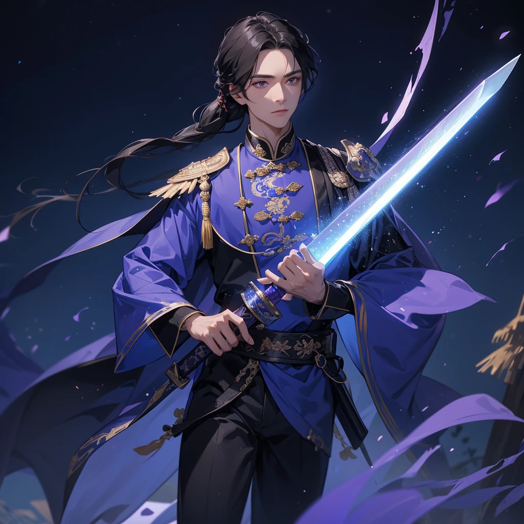 A Handsome black-haired male general holding a large sword in white-blue ancient Chinese general costume, background is a dark moonless night, with dry trees in the background, and purple glowing light, close up.