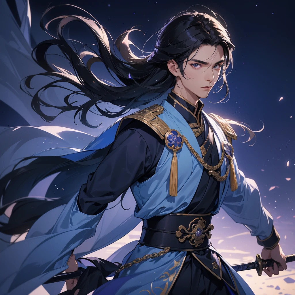 A Handsome black-haired male general holding a large sword in white-blue ancient Chinese general costume, background is a dark moonless night, with dry trees in the background, and purple glowing light, close up.