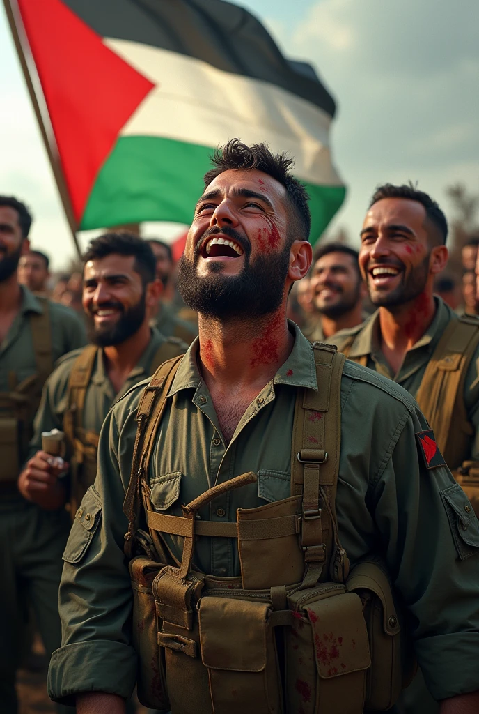 The joy of the Palestinian forces with Palestinian flag on their chests when they defeated Israel with tired and sweaty faces as well as bloody bodies