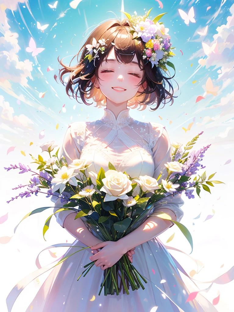 (masterpiece、Highest quality、Highest quality、Beautiful and beautiful:1.2)、(Perfect Anatomy:1.2)、Milky white straight hair girl、Butterfly Fairy、Floral costume、A radiant smile、Look up to the sky and close your eyes、Pray。、Flowers and leaves on head、Holding a bouquet、Rose Garden