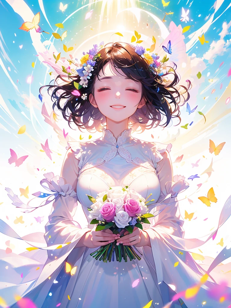 (masterpiece、Highest quality、Highest quality、Beautiful and beautiful:1.2)、(Perfect Anatomy:1.2)、Milky white straight hair girl、Butterfly Fairy、Floral costume、A radiant smile、Look up to the sky and close your eyes、Pray。、Flowers and leaves on head、Holding a bouquet、Rose Garden