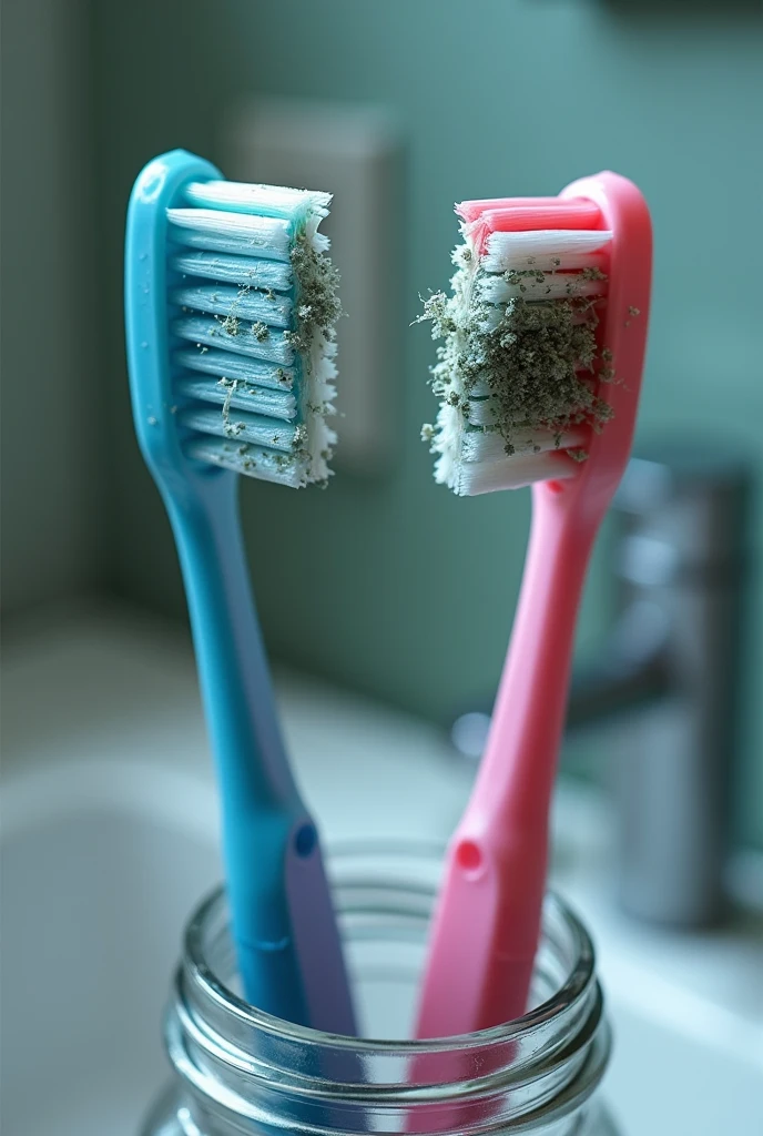 Two toothbrushes in a jar in a bathroom where you can see the sink. one brush is blue and the other is pink, both have bacteria in their bristles