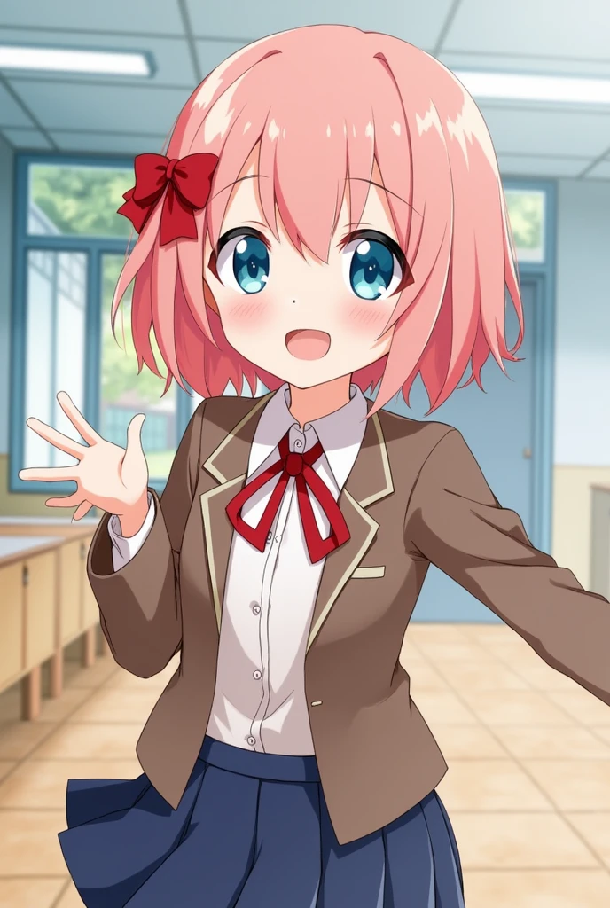 "Draw Sayori, a cheerful girl with light coral-pink hair that falls just above her shoulders, with a red bow on the left side of her head. She has large, sky-blue eyes, and is typically seen wearing a school uniform with a brown blazer, white shirt, red ribbon, and a blue skirt. Her expression should be happy and bright, reflecting her friendly and positive personality."