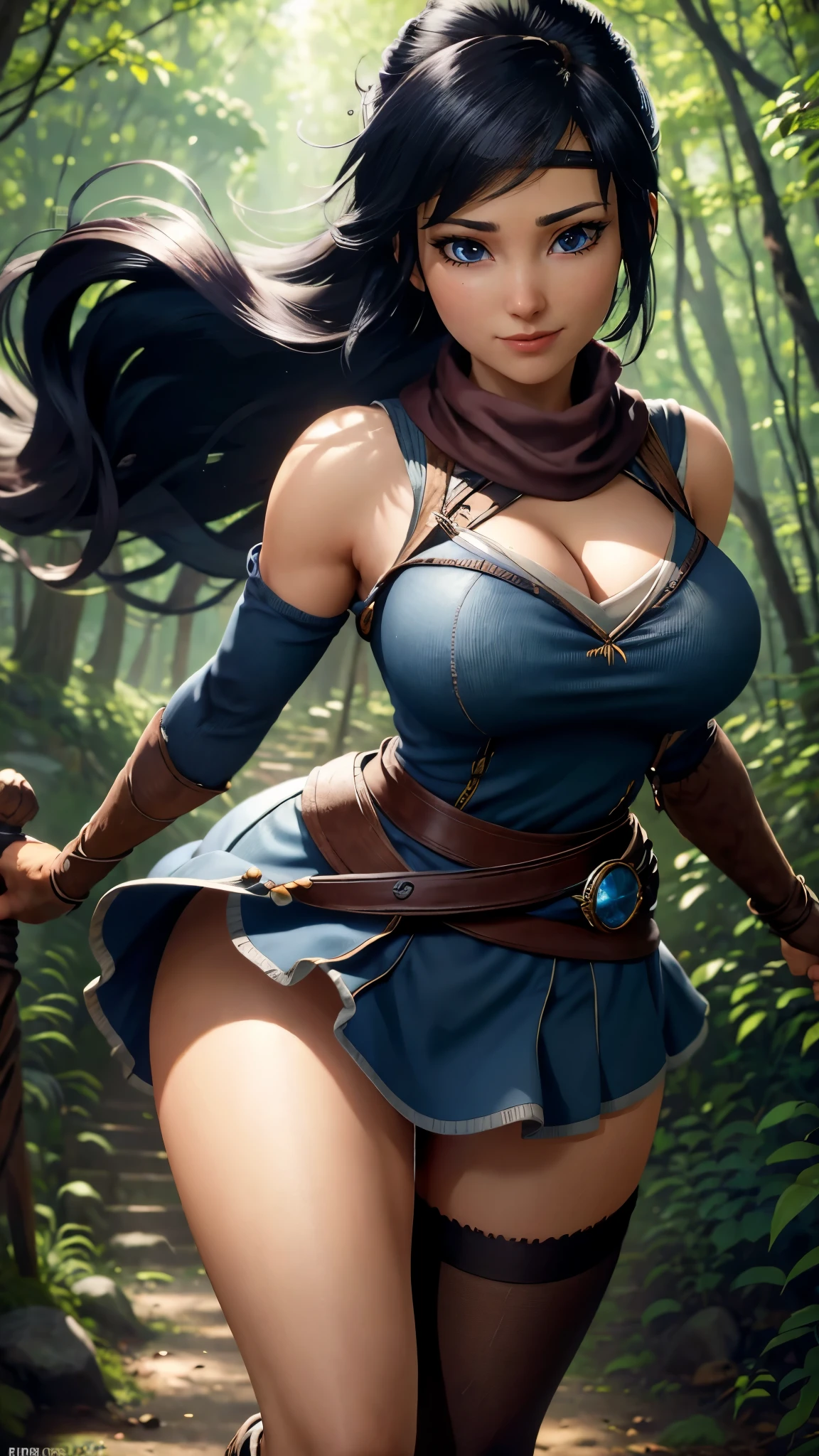 Kena da bridge of spirits,(best qualityer,4K,8k,high resolution,work of art:1.2)(weather: windy), cowboy shot,spirit forest background, long hair, tight skirt, thigh high stockings, magic scepter, headband,gloves,ultra detailed,realisitic,portraite,beautiful detailed blue eyes,beautiful detailed lips,extremely detailed eye and face, long eyelashes,sexly,average, large breasts, cleavage,flying hair,beaming smile,powerful girl in a forest, sexy pose,stunning curves,bright coloured,dramatic lighting,composition,