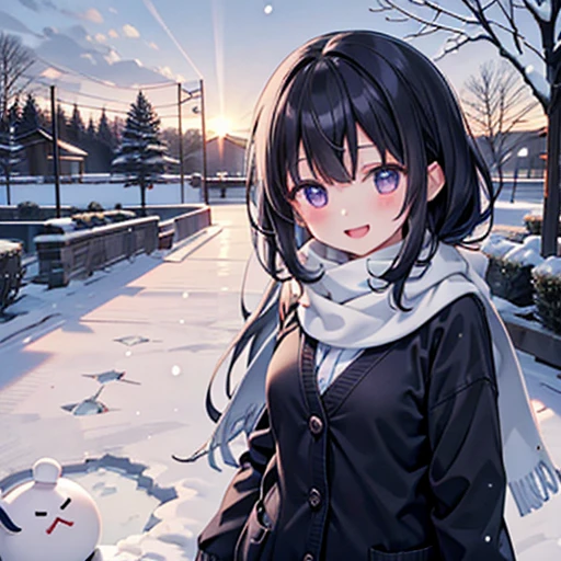 With a girl、1 person、1、Black Hair、Iris、Hair length、Laughter、Big smile、Small breasts、School、uniform、cardigan、snow、Winters、coat、Scarf、Landscape images、garden