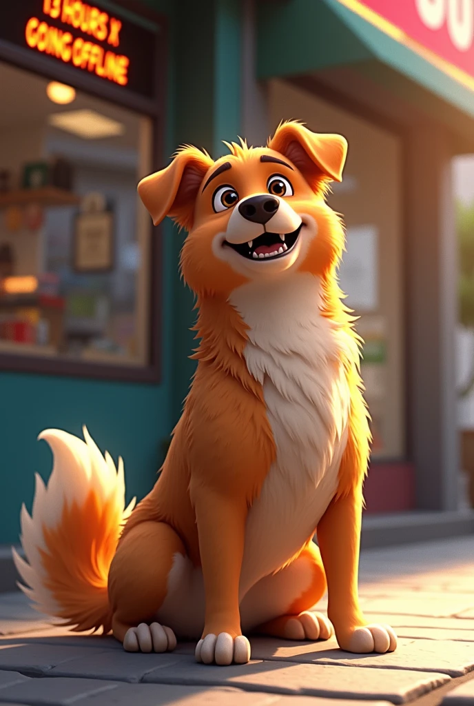 Caramel mongrel dog sitting on the sidewalk wagging his tail happily , behind a store with a digital sign showing 13 hours X going offline