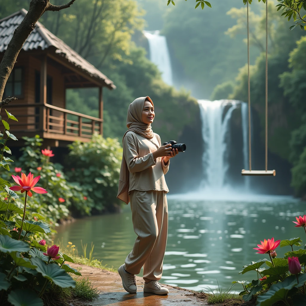 make an original photo of a beautiful young Indonesia woman with a clean and soft face,Wear long clothes ,casual pants ,Hijab modis , wearing sneakers ,standing pose /walking full body while holding the camera 📷,beautiful natural scenery background, river, waterfall , log cabin, bridge,river air bening ,there are green plants,flower ,red betel plant, Lotus , there is a swing ,flying bird, realistis HD high-quality photography, high focus, long shoot cinematic,32k. Upside-Down, Fujicolor, HD, High Details, Smile,