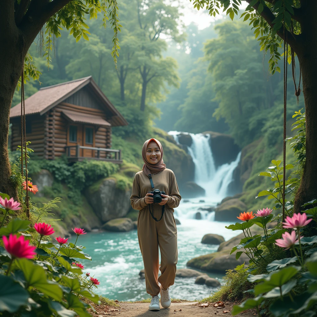 make an original photo of a beautiful young Indonesia woman with a clean and soft face,Wear long clothes ,casual pants ,Hijab modis , wearing sneakers ,standing pose /walking full body while holding the camera 📷,beautiful natural scenery background, river, waterfall , log cabin, bridge,river air bening ,there are green plants,flower ,red betel plant, Lotus , there is a swing ,flying bird, realistis HD high-quality photography, high focus, long shoot cinematic,32k. Upside-Down, Fujicolor, HD, High Details, Smile,