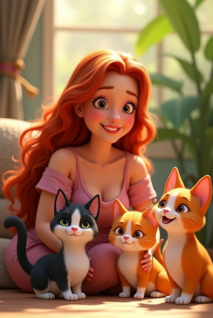 Create an animated pixar photo of a red-haired woman with big hips, chubby and a little chubby, with a small black and white cat and another orange and white cat and a Yorkie breed dog, everyone happy