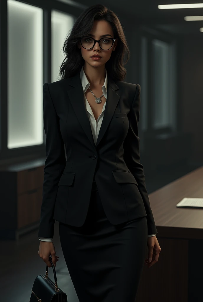 A highly realistic and detailed visual depiction of a female member of the Obsidian Order disguised as an elegant secretary in a dark, modern setting. She is dressed in a sharp, tailored business suit, with a pencil skirt and a fitted blazer, exuding professionalism and sophistication. Her hair is styled neatly, and she wears minimal yet tasteful jewelry, with a pair of glasses that enhance her poised, intelligent appearance. Despite the elegant exterior, there is an air of subtle danger about her, with a cold, calculating gaze. The background shows a sleek, modern office environment with dim lighting, suggesting the duality of her role as both a secretary and a covert operative. The art style is realistic, capturing the contrast between her elegant disguise and the underlying menace of her true identity as an Obsidian Order operative.